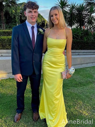 Sexy Yellow Spaghetti Strap Halter Mermaid Long Prom Dress, PD38117
