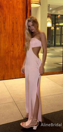 Elegant Light Pink Strapless Side Cut Out Mermaid Long Prom Dress with Slit, PD38121