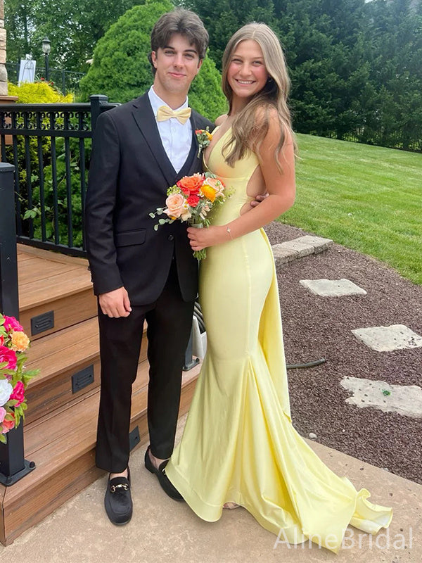 Elegant Light Yellow V-neck Backless Spaghetti Strap Mermaid Long Prom Dress, PD38133
