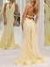 Elegant Light Yellow V-neck Backless Spaghetti Strap Mermaid Long Prom Dress, PD38133