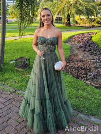 Elegant Green Sweetheart Strapless A-line Long Layered Tulle Prom Dress, PD38153