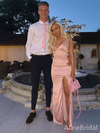 Elegant Pink  V-neck Spaghetti Strap A-line Long Prom Dress with Slit, PD38155