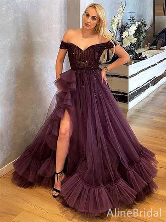 Glamours Purple V-neck Off-Shoulder A-line Layered Tulle Prom Dress with Slit, Evening Gown, PD38166