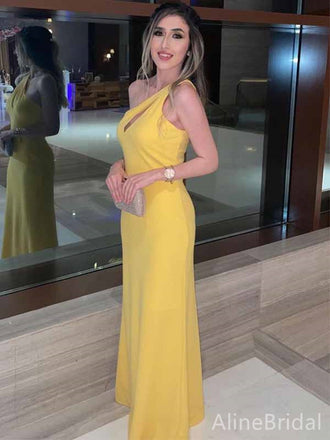 Elegant Yellow One Shoulder Mermaid Long Prom Dress with Cut-Out, PD38168