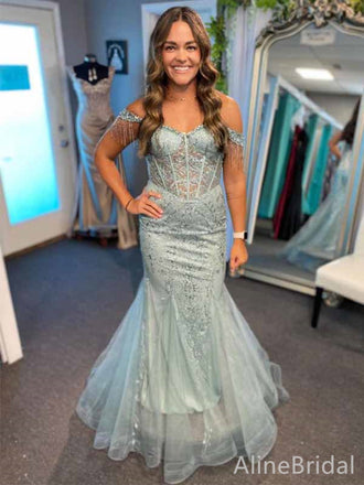 Elegant Blue Off-Shoulder Lace Applique Long Mermaid Tulle Prom Dress, PD38171