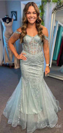 Elegant Blue Off-Shoulder Lace Applique Long Mermaid Tulle Prom Dress, PD38171