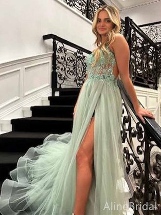 Elegant Green V-neck Lace Applique Side Slit A-line Long Tulle Prom Dress, PD38173