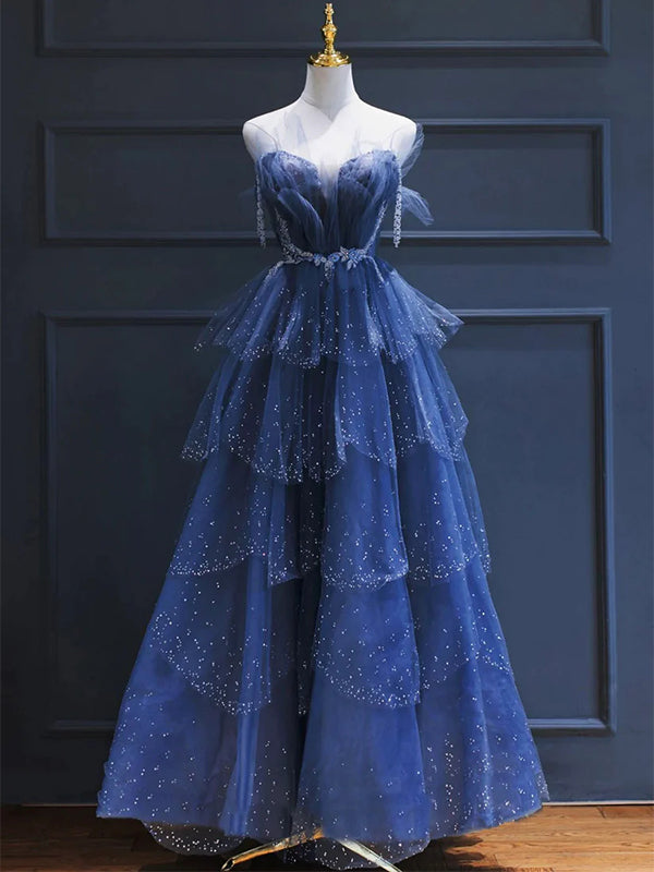 Sparkly Strapless Beaded A-line Blue Layered Tulle Prom Dress, Evening AlineBridal Sparkly Strapless Beaded A-line Blue Layered Tulle Prom Dress, Evening AlineBridal
