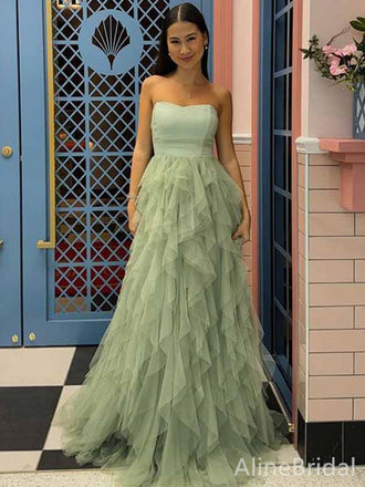 Simple Sage Green Strapless A-line Long Tiered Tulle Prom Dress,PD381766