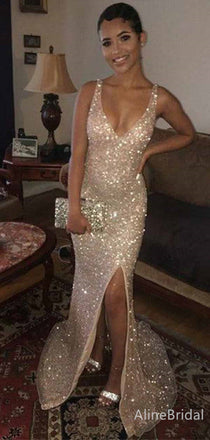 Sparkly Champagne Sequins V-neck Mermaid Long Prom Dress with Slit, PD381791