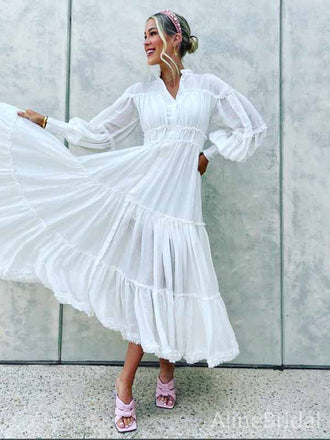 Elegant White V-neck Long Sleeves A-line Long Prom Dress, PD381792