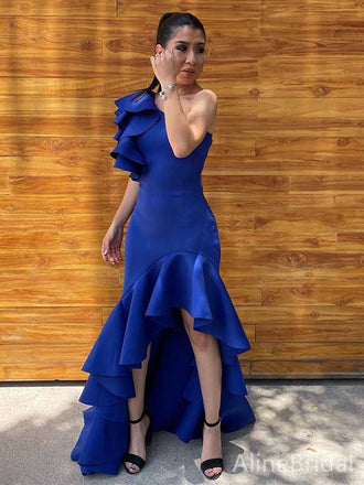 Elegant Royal Blue One Shoulder High-Low Ruffle Long Prom Dress, Evening Dress, PD381793