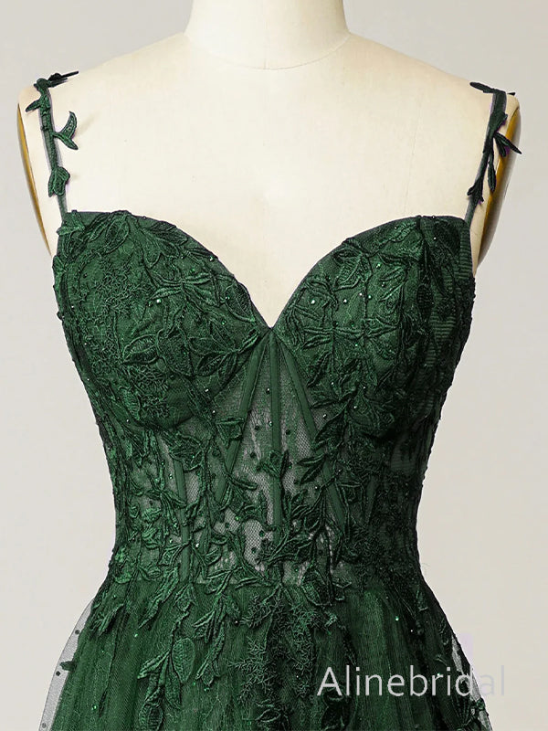 Elegant Green Spaghetti Straps Corset A-line Tulle Prom Dress, Evening Dress, PD3823011