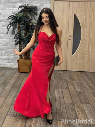Sexy Red Sweetheart Halter Side Slit A-line Long Prom Dress, Evening Dress, PD381796