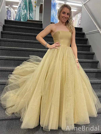 Elegant Champagne Strapless A-line Long Layered Tulle Prom Dress, Evening Gown, PD381820