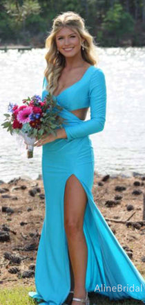 Elegant Tiffany Blue V-neck Cut-Out Long Sleeves Mermaid Long Prom Dress with Slit, PD381827