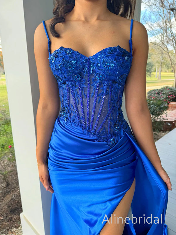 Elegant Blue Sweetheart Lace Beaded Prom Dress with Slit, Evening Dress, PD3823010