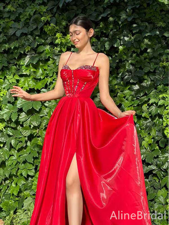 Gorgeous Red Sweetheart Spaghetti Strap A-line Long Prom Dress with Slit, PD381832