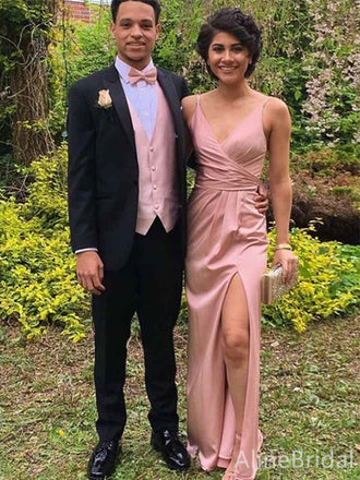 Elegant Pink V-neck Spaghetti Strap Side Slit A-line Long Prom Dress, PD381833