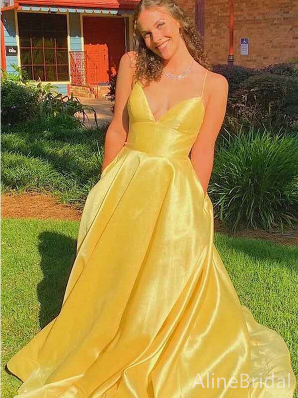 Elegant Yellow V-neck Spaghetti Strap A-line Long Prom Dress, PD381839 AlineBridal Elegant Yellow V-neck Spaghetti Strap A-line Long Prom Dress, PD381839 AlineBridal