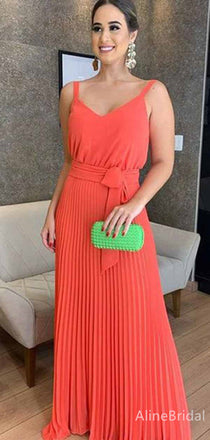 Elegant Coral V-neck Pleated A-line Long Prom Dress, Evening Dress, PD381845
