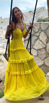 Gorgeous Yellow Chiffon V-neck Spaghetti Strap A-line Long Tiered Ruffle Prom Dress,PD381852