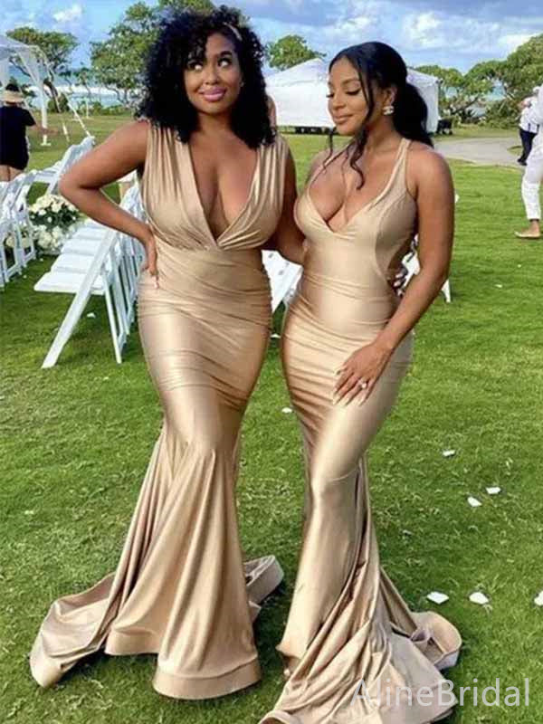 Sexy Champagne Deep V-neck Mermaid Long Bridesmaid Dress, PD3297 AlineBridal Sexy Champagne Deep V-neck Mermaid Long Bridesmaid Dress, PD3297 AlineBridal