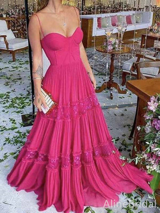 Sexy Hot Pink Sweetheart Spaghetti Straps A-line Long Prom Dress with Lace Applique, PD381864