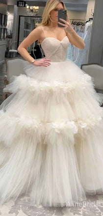 Gorgeous White Sweetheart Spaghetti Strap A-line Long Tutu Wedding Gown, WD3111