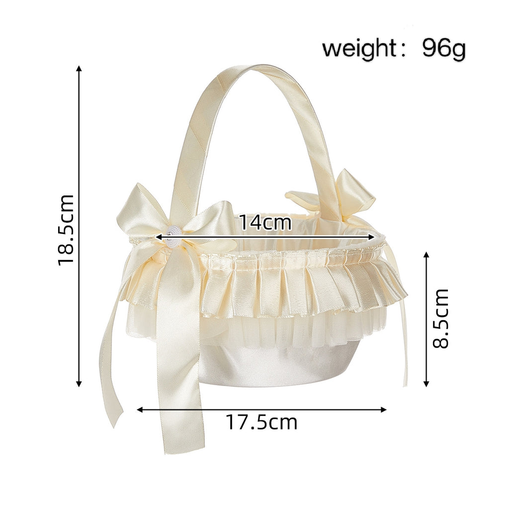 Elegant Ivory Ruffled Bow Flower Girl Basket-Wedding Baskest