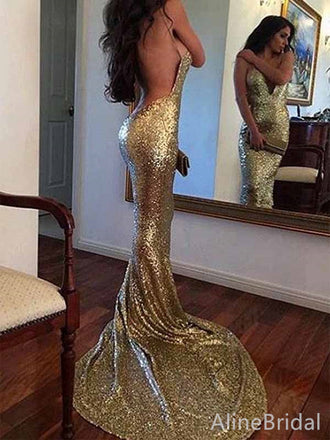Stunning Gold Deep V-neck Spaghetti Strap Backless Long Mermaid Prom Dress, PD381880