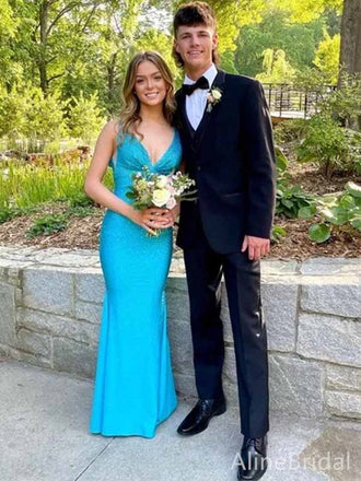 Sparkly Tiffany Blue V-neck Long Mermaid Prom Dress with Rhinestone, Evening Dress,PD381887