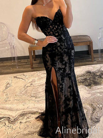 Black Strapless Lace Applique Long Mermiad Prom Dress with Slit, Evening Dress, PD3822986