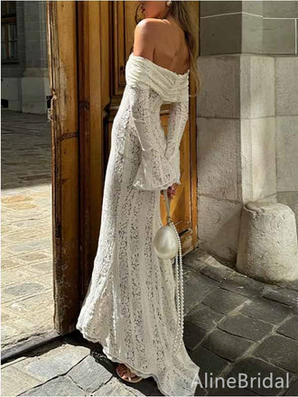 Boho White Off-Shoulder Sequins Long Sleeves Mermaid Long Prom Dress,PD381897