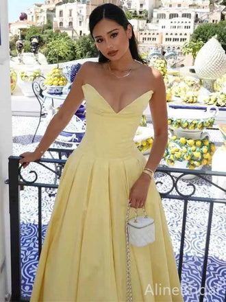 Gorgeous Yellow V-neck Strapless Corset A-line Long Prom Dress, Evening Dress, PD381903