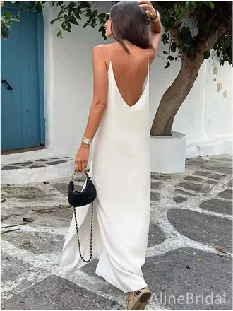 Simple Deep V-neck Spaghetti Strap White Long Evening Dress-Beach Dress, PD381906