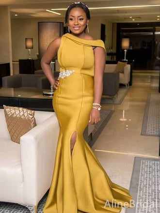 Gorgeous Yellow Mermaid Long Evening Dress with Slit-One-Shoulder Prom Dress, PD381935