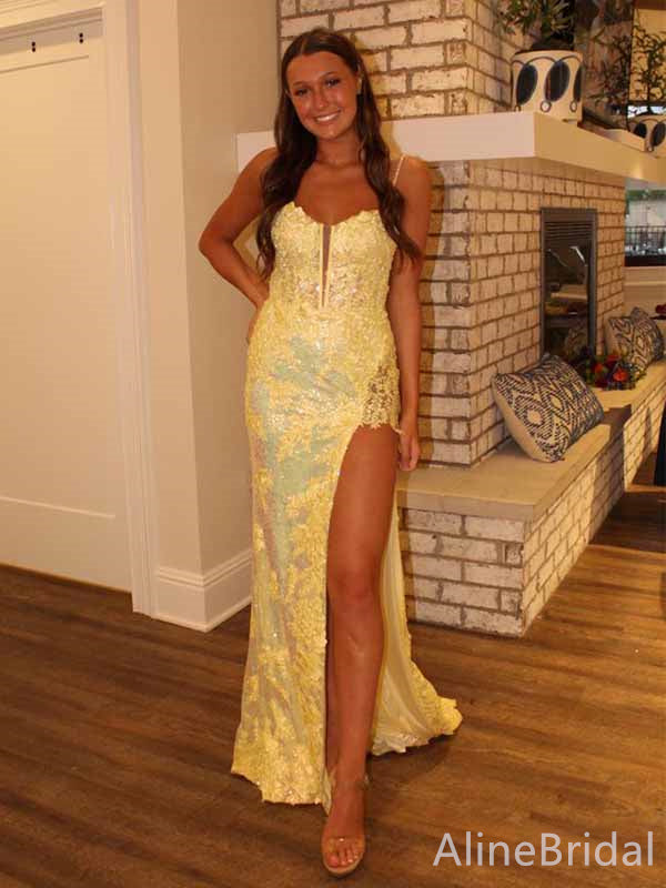 Gorgeous Yellow Lace Applique High Slit Long Mermaid Prom Dress, Eveni AlineBridal Gorgeous Yellow Lace Applique High Slit Long Mermaid Prom Dress, Eveni AlineBridal