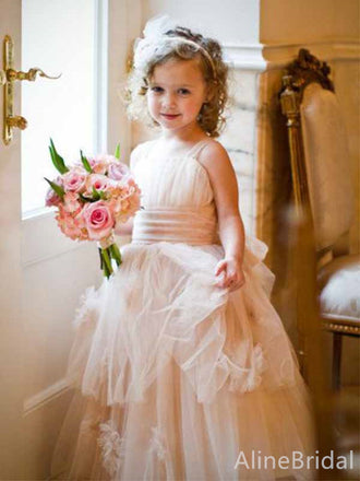 Elegant Light Pink Square Lace A-line Long Flower Girl Dresses, FGS167