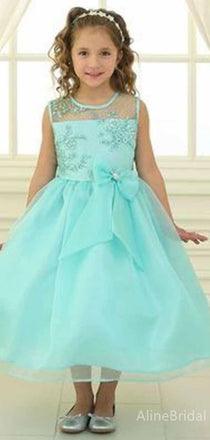 Cute Blue Lace A-line Long Flower Girl Dress with Bow, FGS175