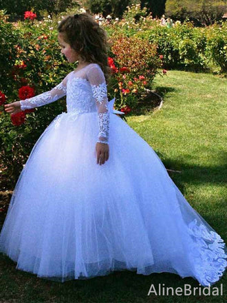 Gorgeous Ivory Long Sleeves Lace A-line Long Formal dress for girls, FGS176