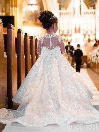 Gorgeous Ivory Lace Long Sleeves A-line Long Flower Girl Dress, FGS178