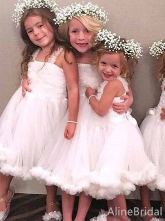 Elegant Ivory Square Neck Lace A-line Long Flower Girl Dresses, FGS179