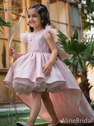 Sparkly Pink Sequins A-line High-Low Long Flower Girl Dress, FGS184