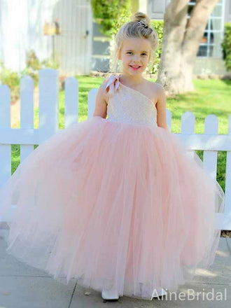 Cute One-Shoulder Light Pink A-line Long Tulle Flower Girl Dress, FGS186