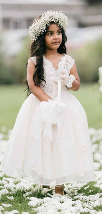 Elegant Ivory V-neck A-line Long Lace Flower Girl Dress, FGS189