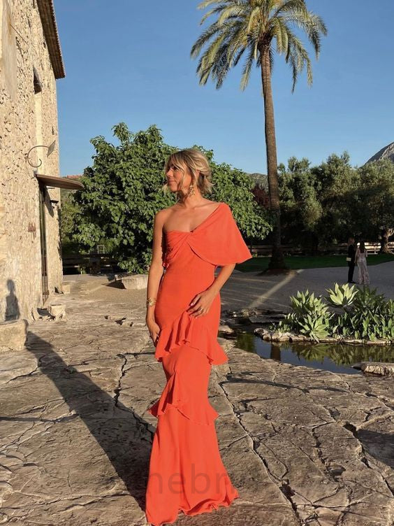 Elegant One Shoulder Burnt Orange Ruffle Mermaid Long Prom Dress, PD36 AlineBridal Elegant One Shoulder Burnt Orange Ruffle Mermaid Long Prom Dress, PD36 AlineBridal