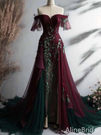 Unique Color-Block Burgundy and Green Formal Gown with Sheer Sleeves, PD381952