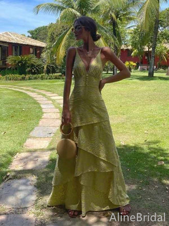 Elegant Greem V-neck Spaghetti Strap A-line Long Tiered Prom Dress, Evening Dress, PD381958