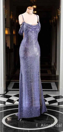 Elegant Purple Spaghetti Strap Off-the-Shoulder Long Mermaid Prom Dress with Slit, PD381960